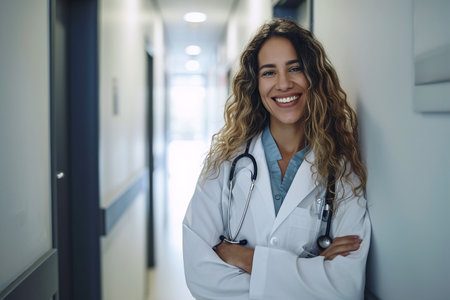 Portrait of smiling female doctor standing with arms crossed in hospital corridorの素材