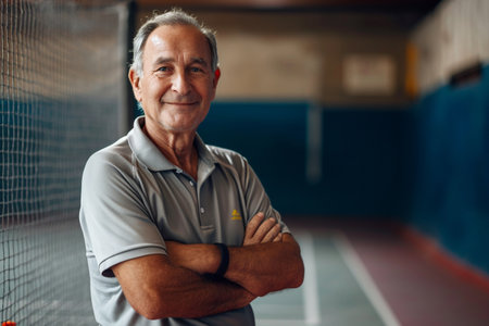 Portrait of smiling senior man standing with arms crossed in squash courtの素材