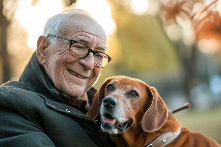 Portrait of a senior man with his dog in the park.の素材