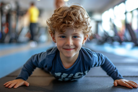 Portrait of cute smiling little boy lying on fitness mat in gymの素材