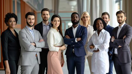 Portrait of confident multiethnic businesspeople standing together in officeの素材