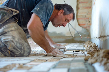 Worker laying ceramic tiles on the floor at a construction site.の素材