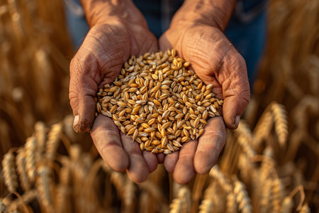 Farmer holding wheat grains in his hands, close-up.の素材