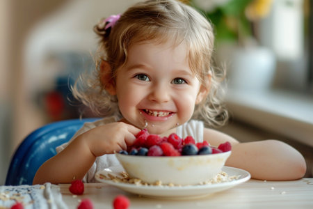 Cute little girl eating oatmeal with raspberries and blueberries in the kitchenの素材