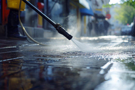 Cleaning the street with a high pressure water jet. Shallow depth of field.の素材
