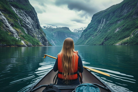 Young woman paddling a kayak in the Norwegian fjordの素材