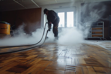 Worker cleaning wooden floor with high pressure water jet and steam.の素材