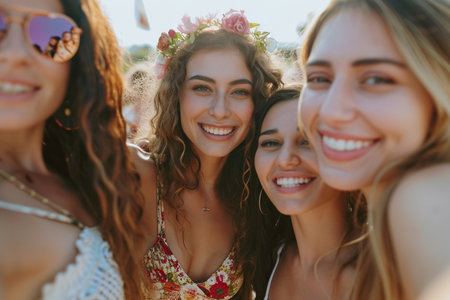summer holidays, celebration, travel and people concept - group of smiling young women in sunglasses having fun on beachの素材
