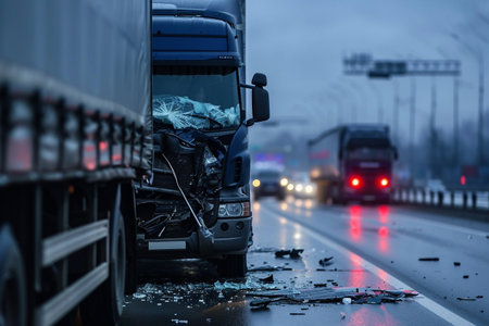 Truck crash on the road with heavy traffic in the background.の素材