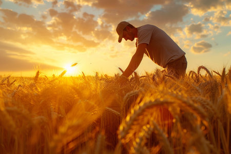 Farmer in wheat field at sunset or sunrise. Harvesting conceptの素材