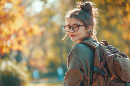 Young woman with backpack walking in the autumn park. Portrait of a girl in glasses.の素材