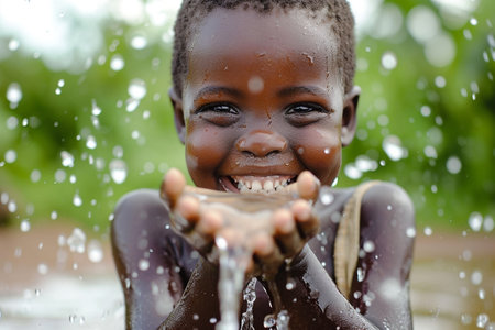 Portrait of a happy african american little boy playing with water outdoorsの素材