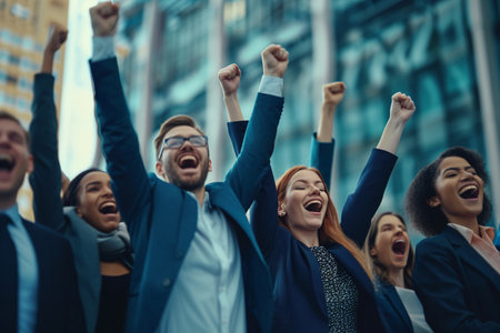 Group of happy young business people celebrating success with arms raised in the air.の素材