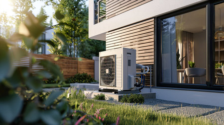 Outdoor air conditioner on the roof of the house. 3d renderingの素材