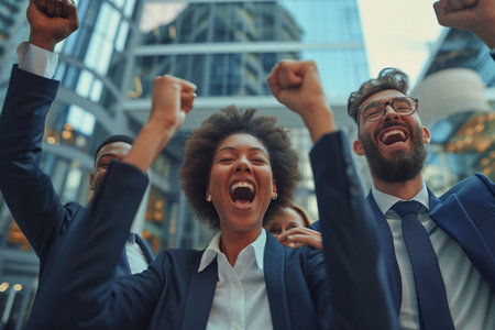 Group of happy business people celebrating success. Businessman and businesswoman are standing in the city.の素材
