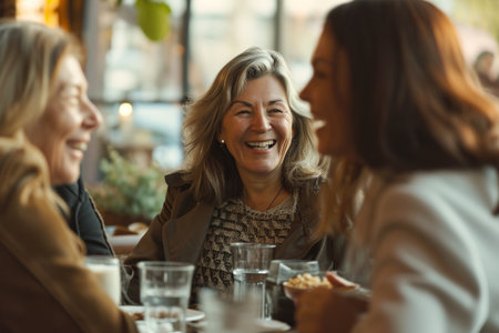 Portrait of smiling mature women sitting at table in cafe and talkingの素材