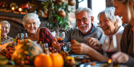 Group of senior friends having fun together while celebrating Thanksgiving dinner at homeの素材