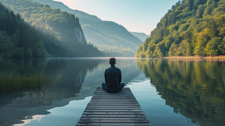 Man meditating on a wooden pier on a lake in the mountainsの素材