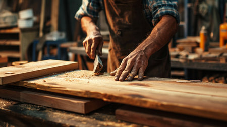 Carpenter working in his carpentry workshop. Close-up of a carpenter's hands.の素材