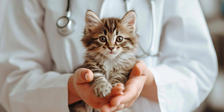 Female veterinarian holding cute kitten in hands, closeup. Animal care conceptの素材
