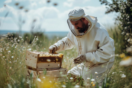 Beekeeper with apiary in the field. Beekeeping concept.の素材