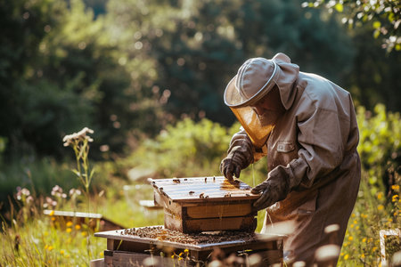 Beekeeper working with bees in apiary. Beekeeper is taking care of bees.の素材