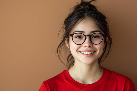 Portrait of a beautiful young woman with eyeglasses smiling at the cameraの素材