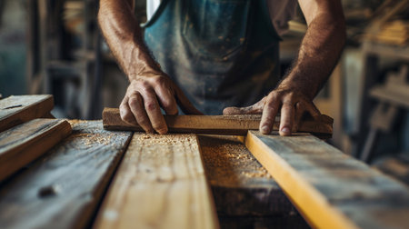 Carpenter working in his carpentry workshop. The carpenter is working with a wooden plank.の素材