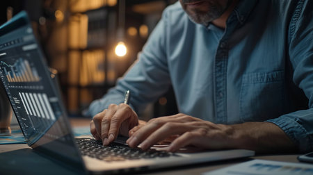 Businessman working on laptop at night in office. Close-up of male hands typing on keyboard.の素材