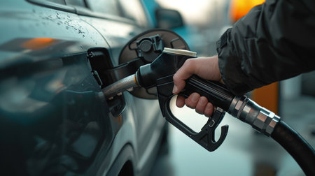 Close-up of a man refueling a car at a gas stationの素材