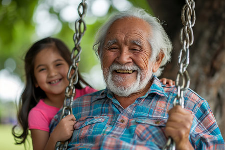 Grandfather and granddaughter playing in the park. Concept of happy family.の素材