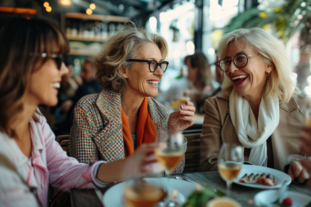 Cheerful senior women drinking wine and having fun in a restaurantの素材