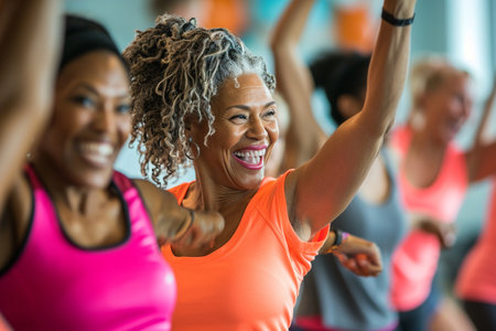 Portrait of smiling women raising their arms while exercising in fitness studioの素材