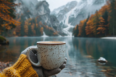 Female hands in woolen mittens holding a cup of hot coffee on the background of a mountain lake.の素材