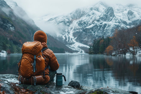 A man with a backpack sits on a rock by the lake and drinks hot tea.の素材