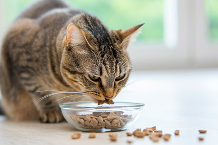 Cute tabby cat eating dry food from a bowl at homeの素材