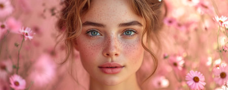 Portrait of a beautiful girl with freckles on her face.の素材