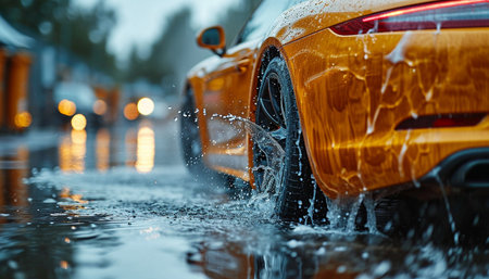 Car driving on wet road during heavy rain. Shallow depth of fieldの素材