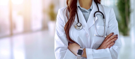 Woman doctor standing with arms crossed at hospital. Medical healthcare and doctor staff service.の素材