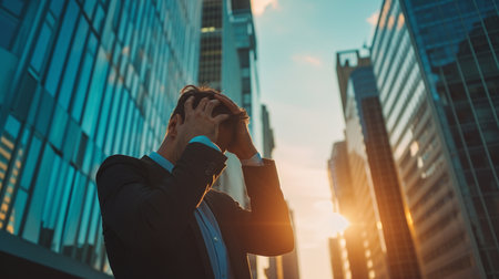 Businessman covering his face with his hands in front of office buildingの素材