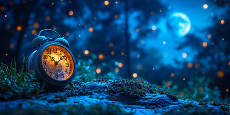 Vintage alarm clock in the forest at night. Time concept.の素材