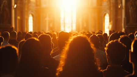 Crowd of people attending a concert in front of the church.の素材