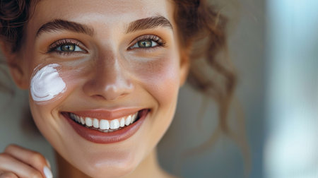 close up of smiling young woman with cosmetic cream on face at homeの素材