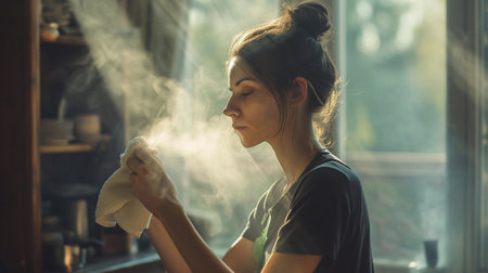 Young woman cleaning the window with a rag and spray in the morningの素材