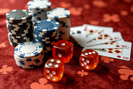 Poker chips and dices on red background, close-upの素材