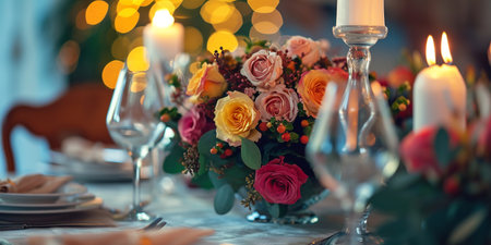 Festive table setting with flowers and candles in restaurant, closeupの素材