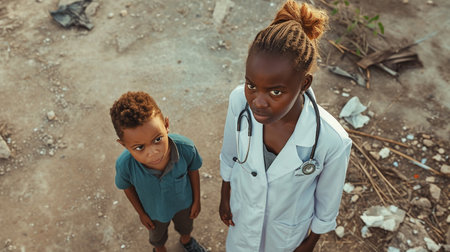 high angle view of african american doctor and boy standing togetherの素材