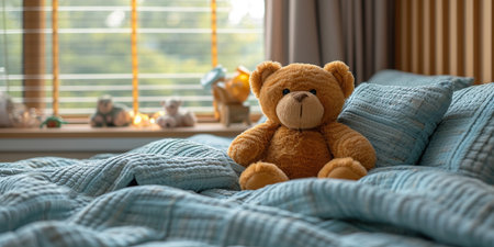 Cute teddy bear on bed at home. Space for textの素材