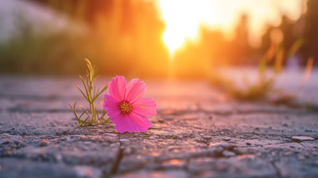 Pink cosmos flower on the ground in the sunset light with copy spaceの素材