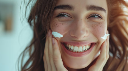 Portrait of smiling young woman applying cosmetic cream on her face at homeの素材